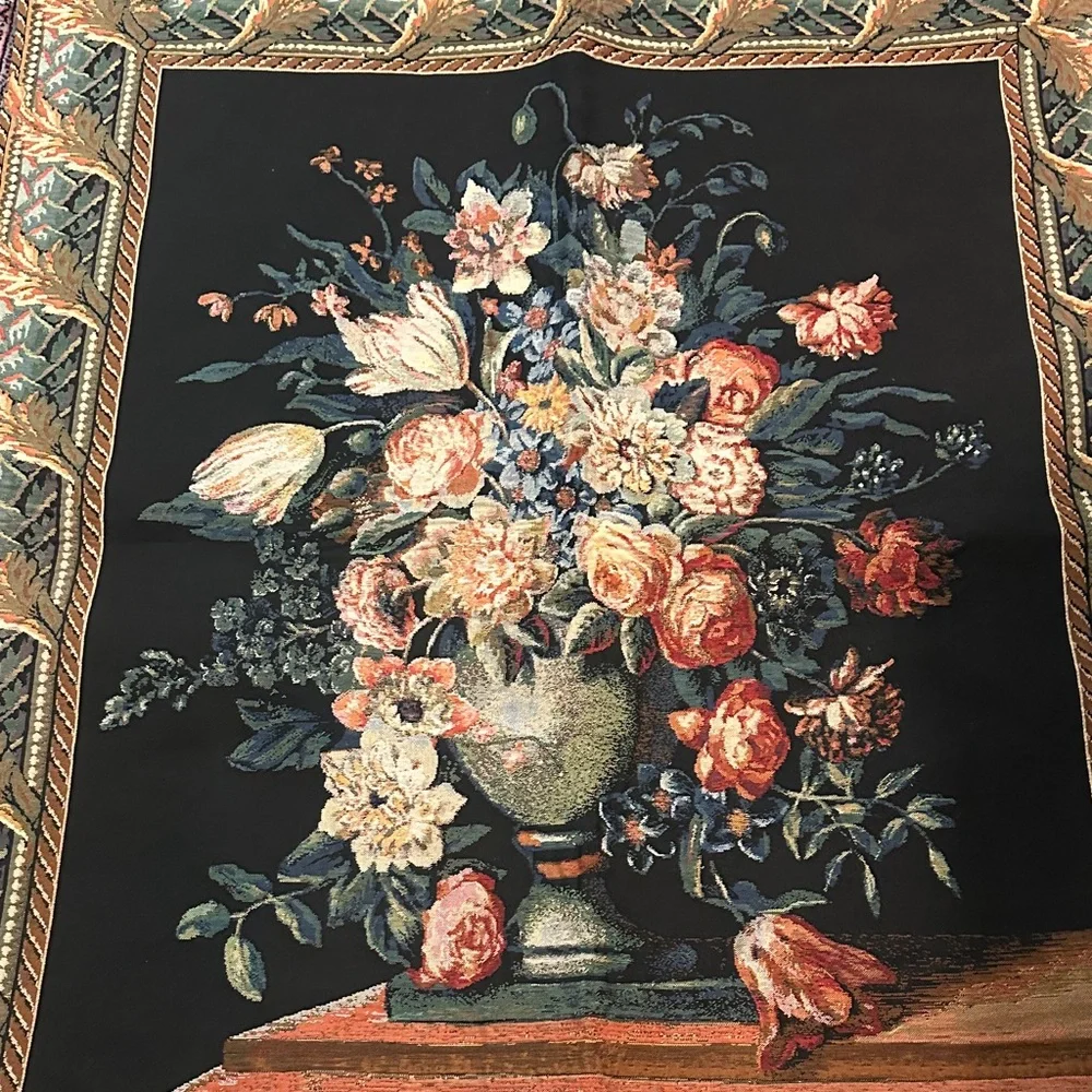 Vintage Floral Tapestry Wall Hanging in Black and Multicolor